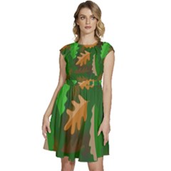 Leaves Foliage Pattern Oak Autumn Cap Sleeve High Waist Dress