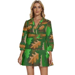 Leaves Foliage Pattern Oak Autumn V-neck Placket Mini Dress