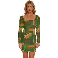 Leaves Foliage Pattern Oak Autumn Long Sleeve Square Neck Bodycon Velvet Dress