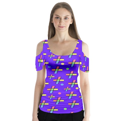 Abstract Background Cross Hashtag Butterfly Sleeve Cutout T-shirt  by Maspions