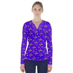 Abstract Background Cross Hashtag V-neck Long Sleeve Top