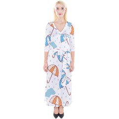 Rain Umbrella Pattern Water Quarter Sleeve Wrap Maxi Dress