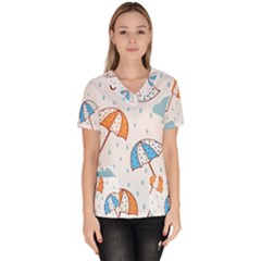 Rain Umbrella Pattern Water Women s V-neck Scrub Top