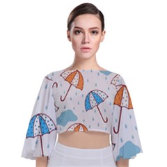 Rain Umbrella Pattern Water Tie Back Butterfly Sleeve Chiffon Top