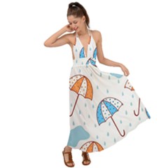 Rain Umbrella Pattern Water Backless Maxi Beach Dress