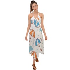 Rain Umbrella Pattern Water Halter Tie Back Dress 