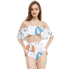 Rain Umbrella Pattern Water Halter Flowy Bikini Set 