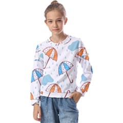 Rain Umbrella Pattern Water Kids  Long Sleeve T-shirt With Frill 