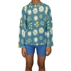 Drawing Flowers Meadow White Kids  Long Sleeve Swimwear