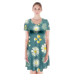 Drawing Flowers Meadow White Short Sleeve V-neck Flare Dress by Maspions