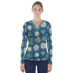 Drawing Flowers Meadow White V-neck Long Sleeve Top by Maspions