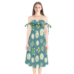 Drawing Flowers Meadow White Shoulder Tie Bardot Midi Dress