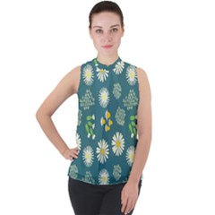 Drawing Flowers Meadow White Mock Neck Chiffon Sleeveless Top