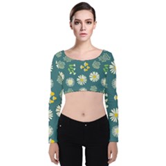 Drawing Flowers Meadow White Velvet Long Sleeve Crop Top