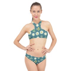 Drawing Flowers Meadow White High Neck Bikini Set