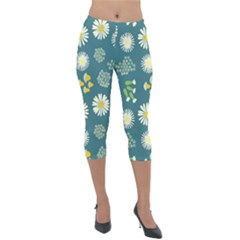 Drawing Flowers Meadow White Lightweight Velour Capri Leggings 