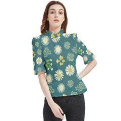 Drawing Flowers Meadow White Frill Neck Blouse