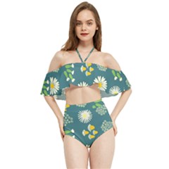 Drawing Flowers Meadow White Halter Flowy Bikini Set 