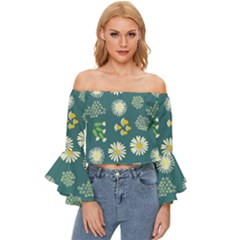 Drawing Flowers Meadow White Off Shoulder Flutter Bell Sleeve Top