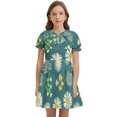 Drawing Flowers Meadow White Kids  Bow Tie Puff Sleeve Dress