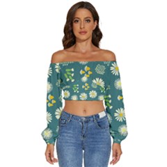 Drawing Flowers Meadow White Long Sleeve Crinkled Weave Crop Top