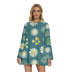 Drawing Flowers Meadow White Round Neck Long Sleeve Bohemian Style Chiffon Mini Dress by Maspions