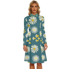 Drawing Flowers Meadow White Long Sleeve Shirt Collar A-line Dress