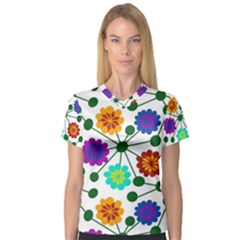 Bloom Plant Flowering Pattern V-neck Sport Mesh T-shirt