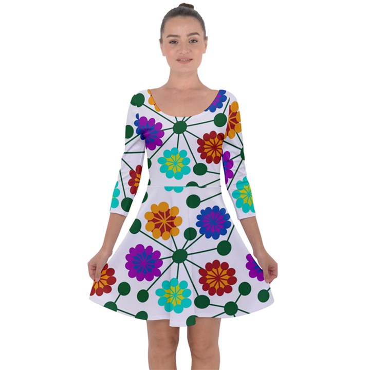 Bloom Plant Flowering Pattern Quarter Sleeve Skater Dress