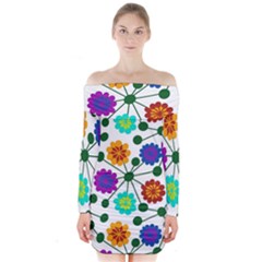 Bloom Plant Flowering Pattern Long Sleeve Off Shoulder Dress