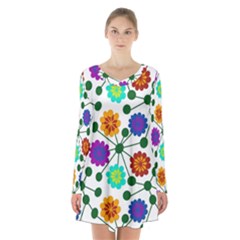 Bloom Plant Flowering Pattern Long Sleeve Velvet V-neck Dress