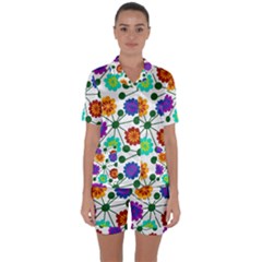 Bloom Plant Flowering Pattern Satin Short Sleeve Pajamas Set by Maspions