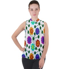 Bloom Plant Flowering Pattern Mock Neck Chiffon Sleeveless Top