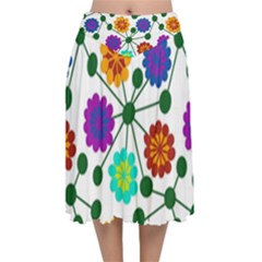 Bloom Plant Flowering Pattern Velvet Flared Midi Skirt