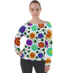 Bloom Plant Flowering Pattern Off Shoulder Long Sleeve Velour Top