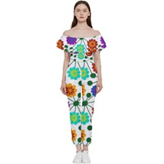 Bloom Plant Flowering Pattern Bardot Ruffle Jumpsuit by Maspions