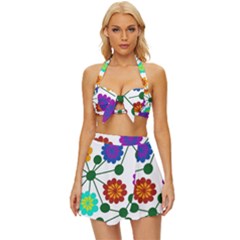 Bloom Plant Flowering Pattern Vintage Style Bikini Top And Skirt Set 