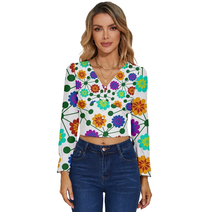 Bloom Plant Flowering Pattern Long Sleeve V-Neck Top