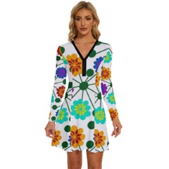 Bloom Plant Flowering Pattern Long Sleeve Deep V Mini Dress 