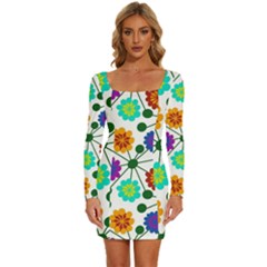 Bloom Plant Flowering Pattern Long Sleeve Square Neck Bodycon Velvet Dress by Maspions