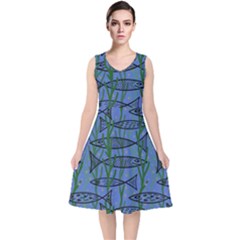 Fish Pike Pond Lake River Animal V-neck Midi Sleeveless Dress 