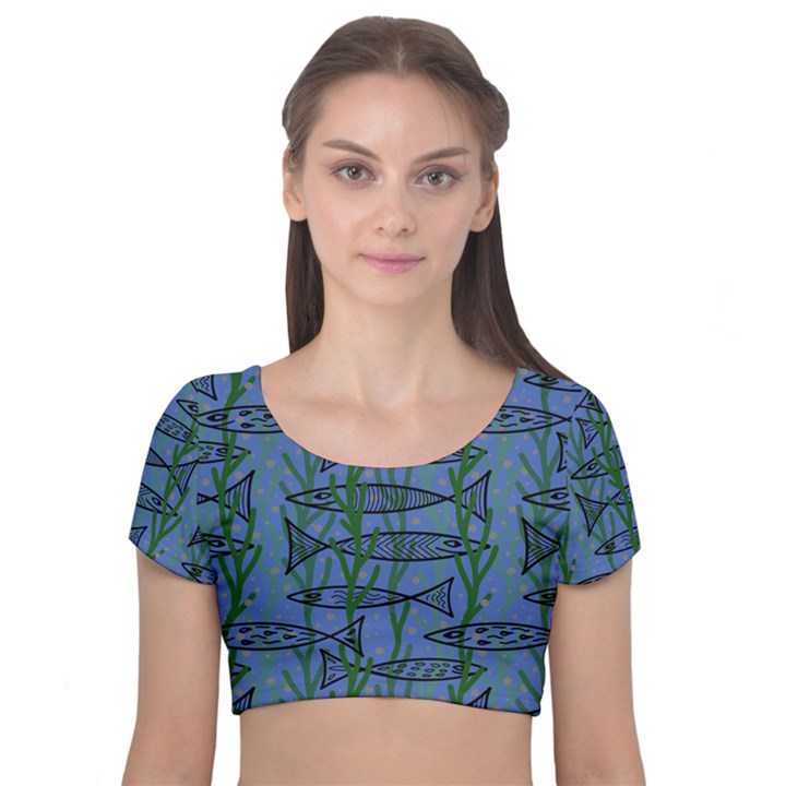 Fish Pike Pond Lake River Animal Velvet Short Sleeve Crop Top 