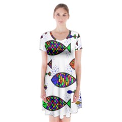 Fish Abstract Colorful Short Sleeve V-neck Flare Dress