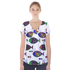 Fish Abstract Colorful Short Sleeve Front Detail Top