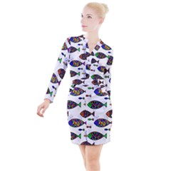 Fish Abstract Colorful Button Long Sleeve Dress