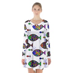 Fish Abstract Colorful Long Sleeve Velvet V-neck Dress