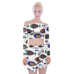 Fish Abstract Colorful Off Shoulder Top With Mini Skirt Set