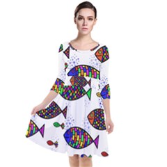 Fish Abstract Colorful Quarter Sleeve Waist Band Dress