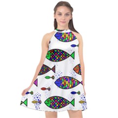 Fish Abstract Colorful Halter Neckline Chiffon Dress 