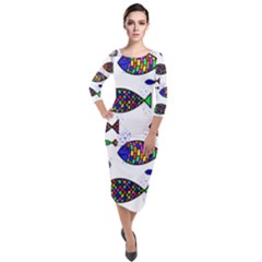 Fish Abstract Colorful Quarter Sleeve Midi Velour Bodycon Dress